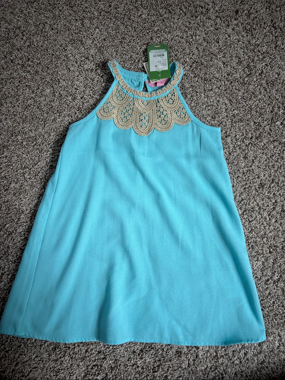 Lilly Pulitzer Aqua Halter Dress with Gold Lace Yoke